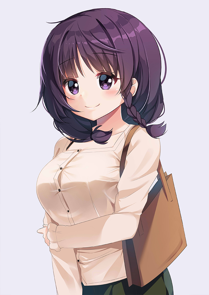1girl, agung_syaeful_anwar, arm_grab, bangs, blush, braid, breasts, brown_shirt
