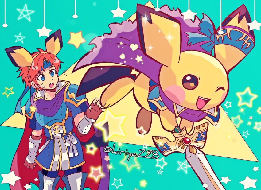 1boy, 1other, armor, baby_pokemon, blue_eyes, blush, cape, cosplay