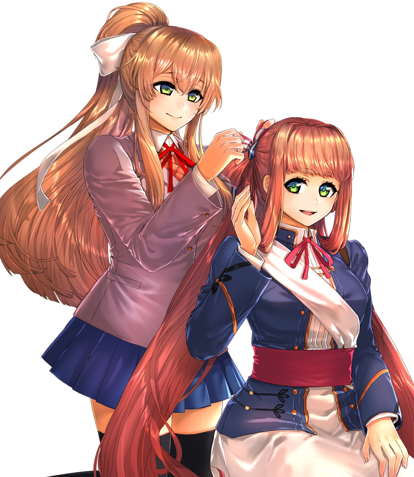 2girls, absurdres, brown_hair, commentary, cosplay, costume_switch, crossover, doki_doki_literature_club, girls_frontline, green_eyes, hair_ribbon, highres, kanoir, long_hair, m1903_springfield_(girls_frontline), military, military_uniform, miniskirt, monika_(doki_doki_literature_club), multiple_girls, pleated_skirt, ponytail, ribbon, school_uniform, skirt, socks, thigh-highs, tying_hair, uniform, zettai_ryouiki