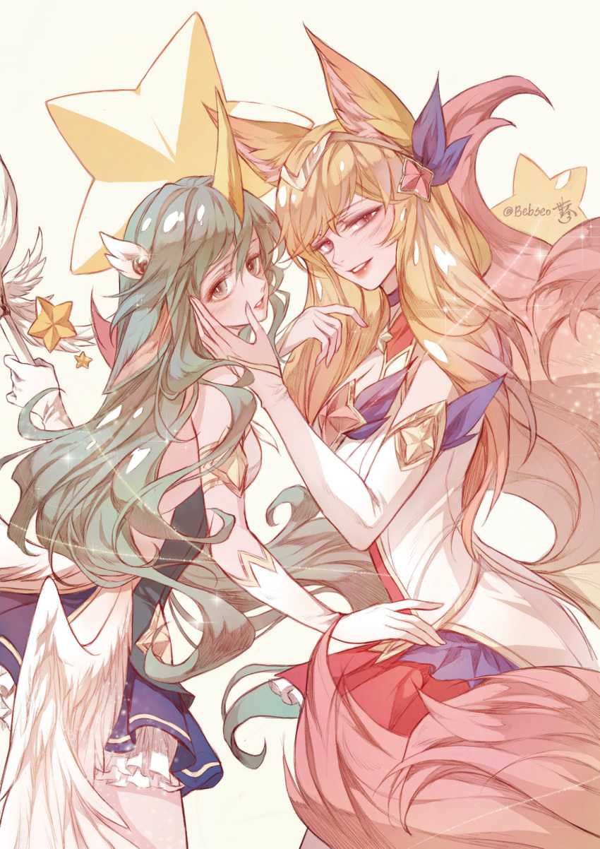 2girls, ahri, alternate_costume, alternate_hair_color, animal_ears, bare_shoulders, bebseo, blonde_hair
