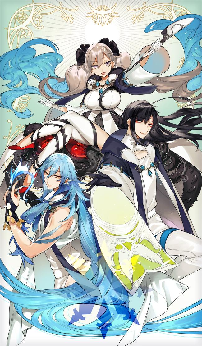 1boy, 2girls, black_bow, black_gloves, black_hair, blue_hair, bow, breasts