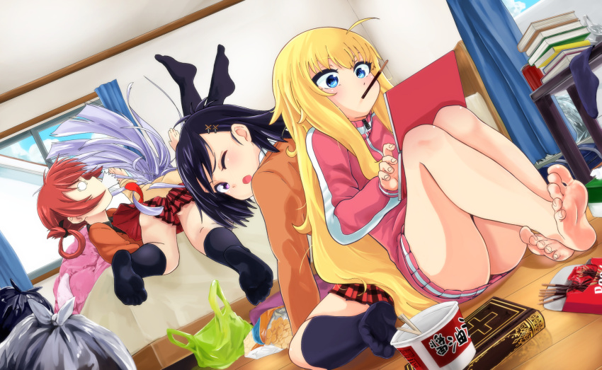 4girls, barefoot, bat_hair_ornament, bedroom, blonde_hair, bokkusu, cardigan, chopsticks