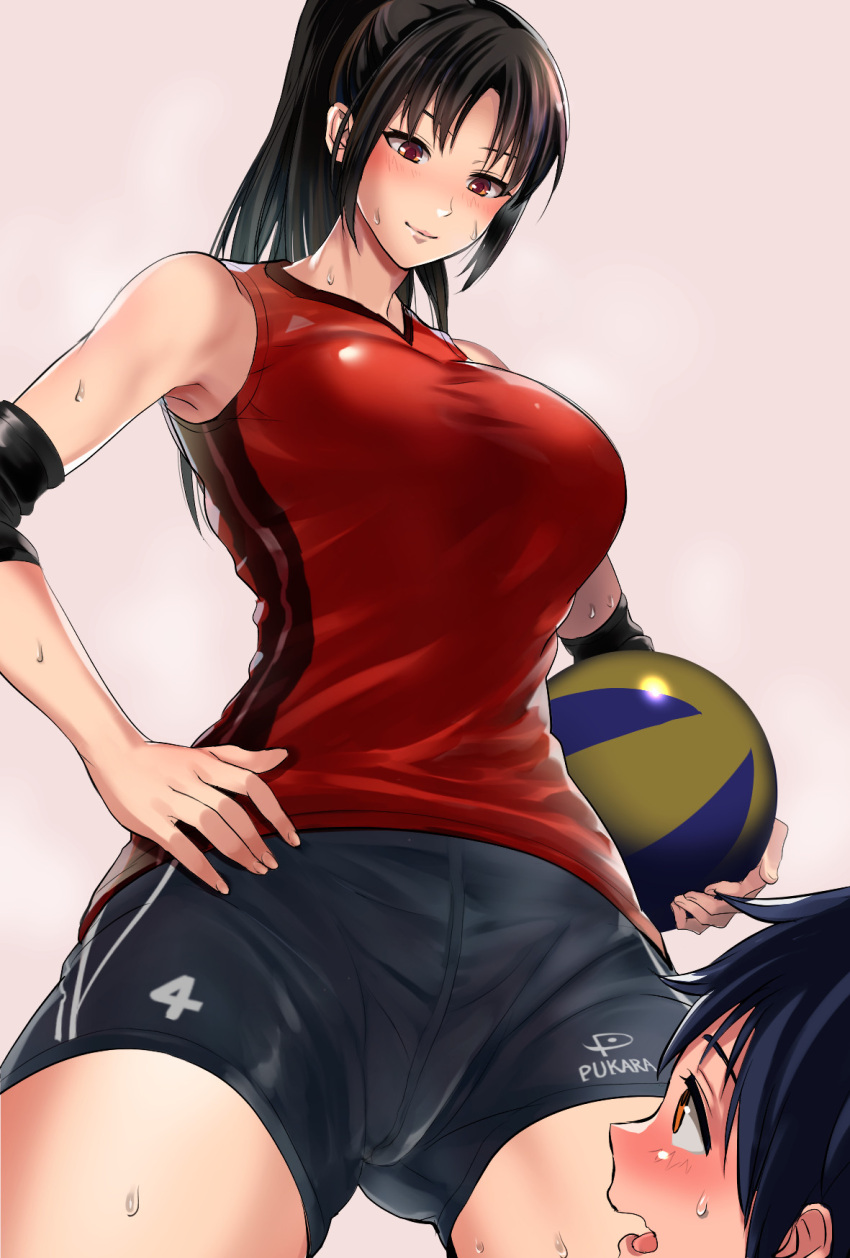 1boy, 1girl, age_difference, armpits, bare_shoulders, black_hair, blush, breasts