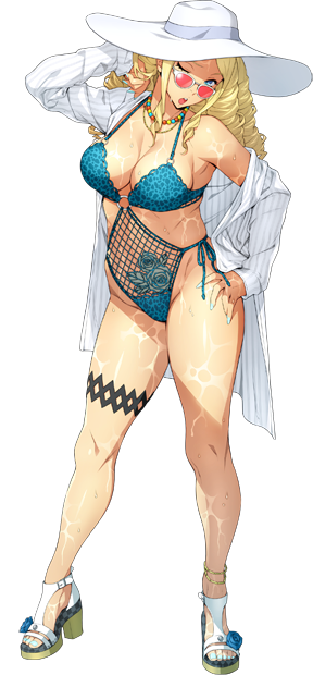 1girl, adjusting_hair, anklet, blue_nails, blue_swimsuit, breasts, contrapposto, drill_hair
