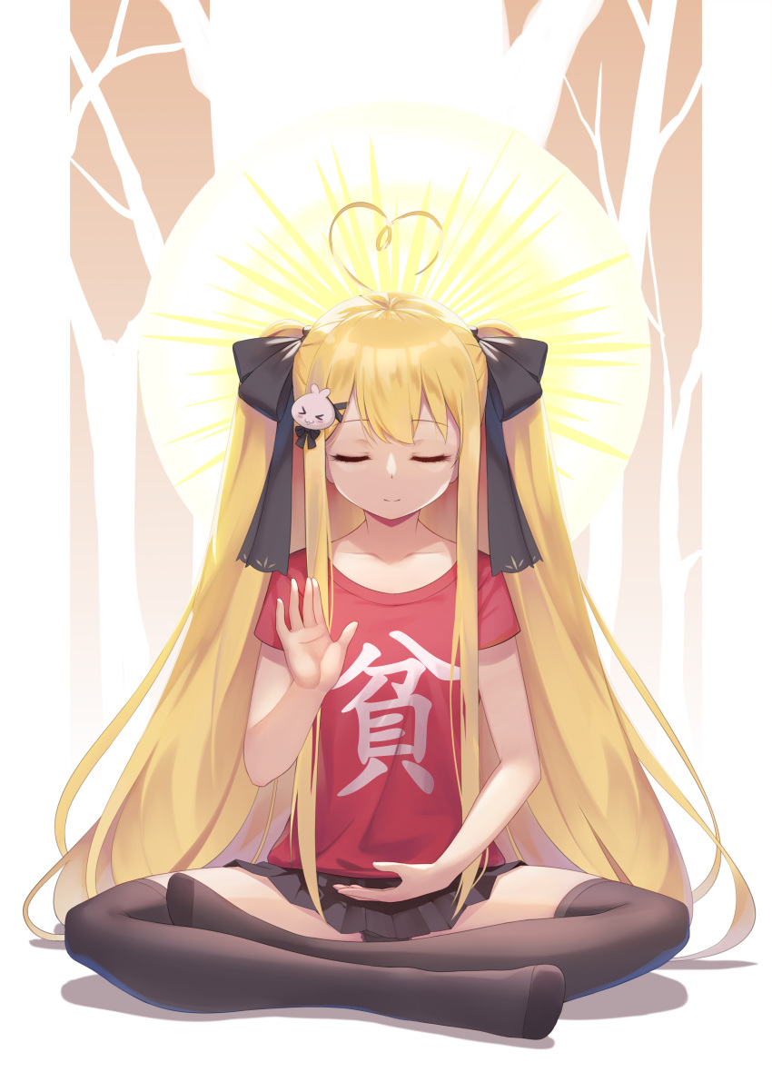 1girl, abhaya_mudra, absurdres, ahoge, bangs, black_bow, black_panties, black_skirt, blonde_hair, blush, bow, brown_legwear, butterfly_sitting, check_translation, chinese_commentary, chinese_text, closed_eyes, closed_mouth, clothes_writing, collarbone, commentary_request, eyebrows_visible_through_hair, facing_viewer, full_body, hair_bow, hair_ornament, halo, hand_up, heart_ahoge, highres, lace, lace-trimmed_panties, long_hair, mudra, niliu_chahui, no_shoes, original, panties, pleated_skirt, red_shirt, shirt, short_sleeves, sitting, skirt, smile, solo, thigh-highs, tokisaki_asaba, translation_request, twintails, two_side_up, underwear, very_long_hair