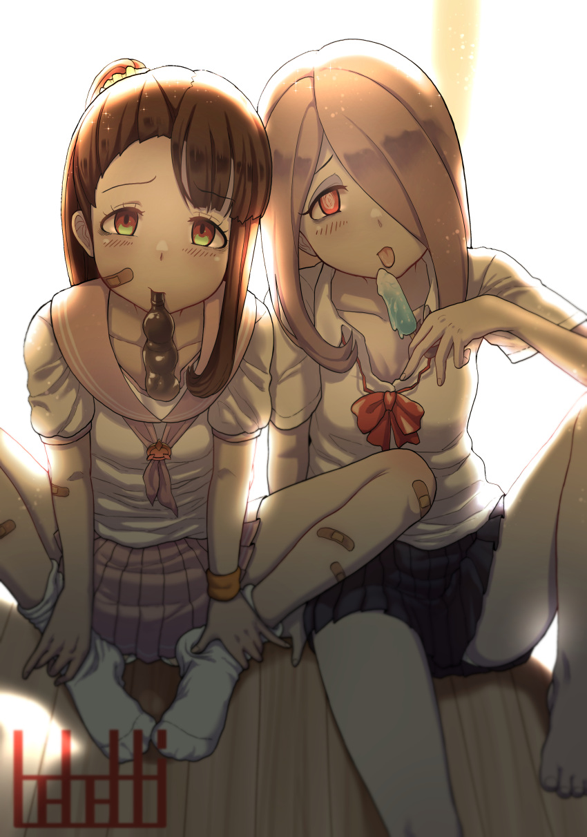 2girls, absurdres, bandaid, bandaid_on_arm, bandaid_on_face, bandaid_on_knee, bandaid_on_leg, barefoot