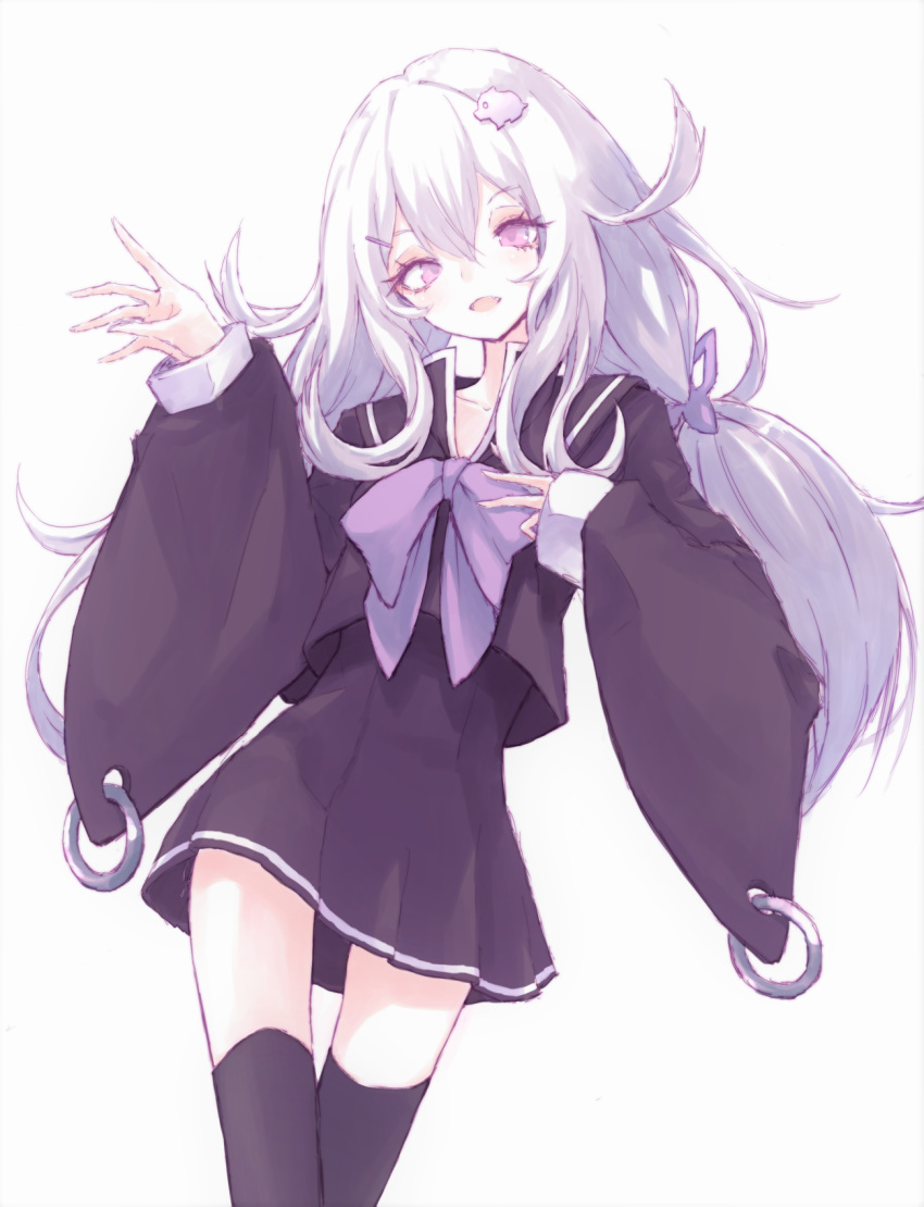 1girl, :d, albino, bangs, black_legwear, black_shirt, black_skirt, bow