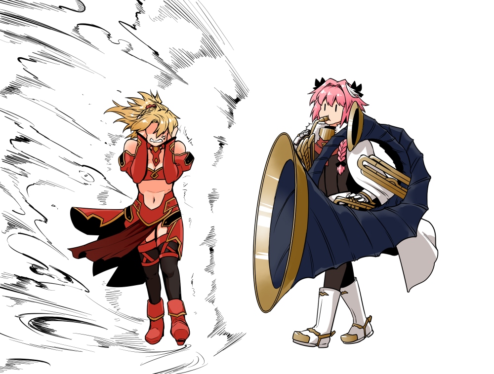 1boy, 1girl, anger_vein, armor, astolfo_(fate), bare_shoulders, black_legwear, blonde_hair