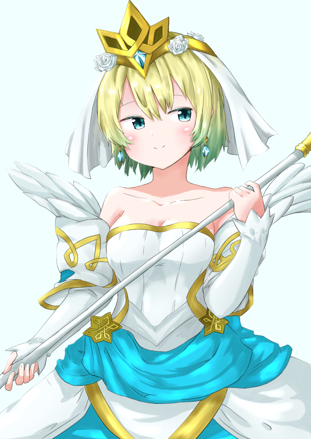 1girl, bare_shoulders, blonde_hair, blue_eyes, blue_hair, bride, closed_mouth, commentary_request