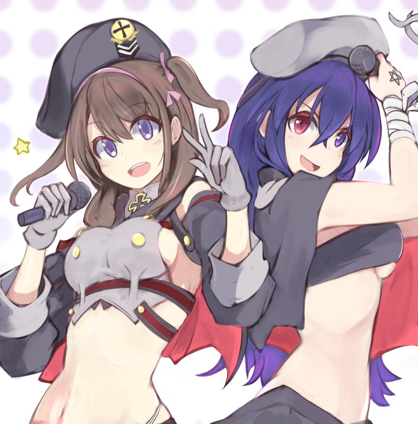2girls, azur_lane, bandeau, beret, blue_eyes, breasts, brown_hair, capelet