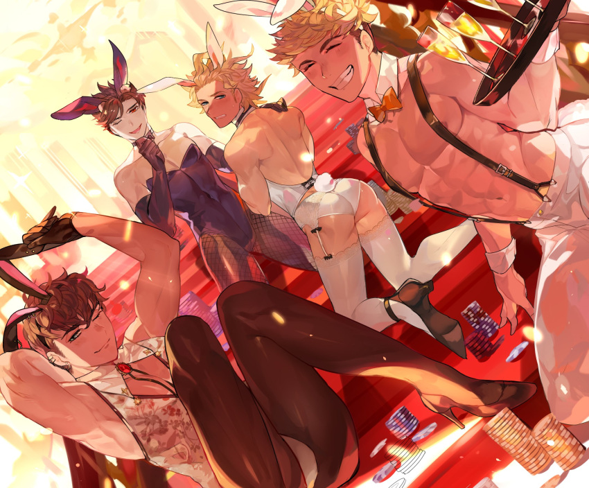 4boys, ;d, animal_ears, ass, belial_(granblue_fantasy), black_gloves, black_hair, brown_hair