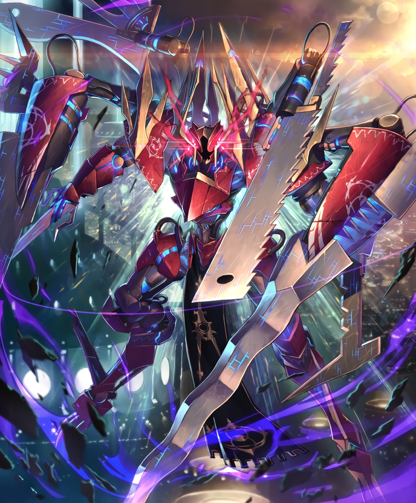 arm_blade, artist_request, building, cable, cityscape, cygames, destruction, digitigrade, emblem, floating, glowing, light_trail, looking_at_viewer, mecha, multiple_arms, no_humans, official_art, pelvic_curtain, robot, saw, shadowverse, size_difference, skyscraper, tisiphone_the_malignant, tube, weapon