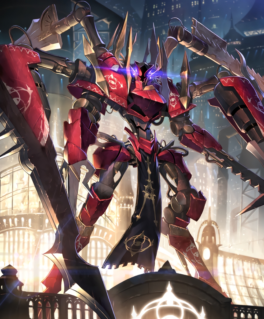 arm_blade, artist_request, building, cable, cityscape, cygames, digitigrade, emblem, glowing, looking_at_viewer, mecha, multiple_arms, no_humans, official_art, pelvic_curtain, robot, shadowverse, size_difference, skyscraper, tisiphone_the_malignant, tube, weapon