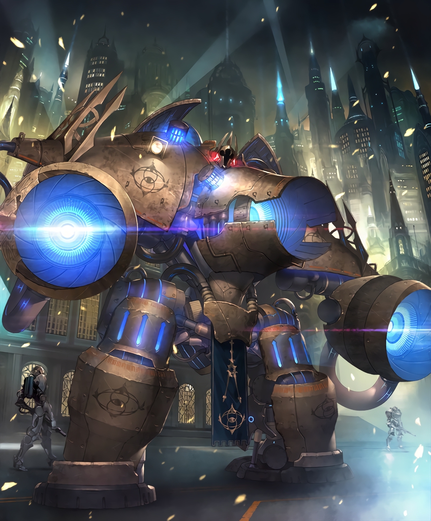 arm_cannon, artist_request, building, chest_cannon, cityscape, clouds, cloudy_sky, cygames