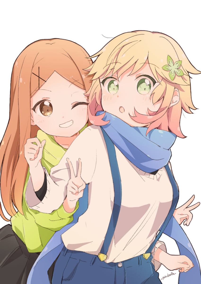 2girls, bafarin, blonde_hair, blue_scarf, brown_eyes, brown_hair, character_request, chisaki_tapris_sugarbell