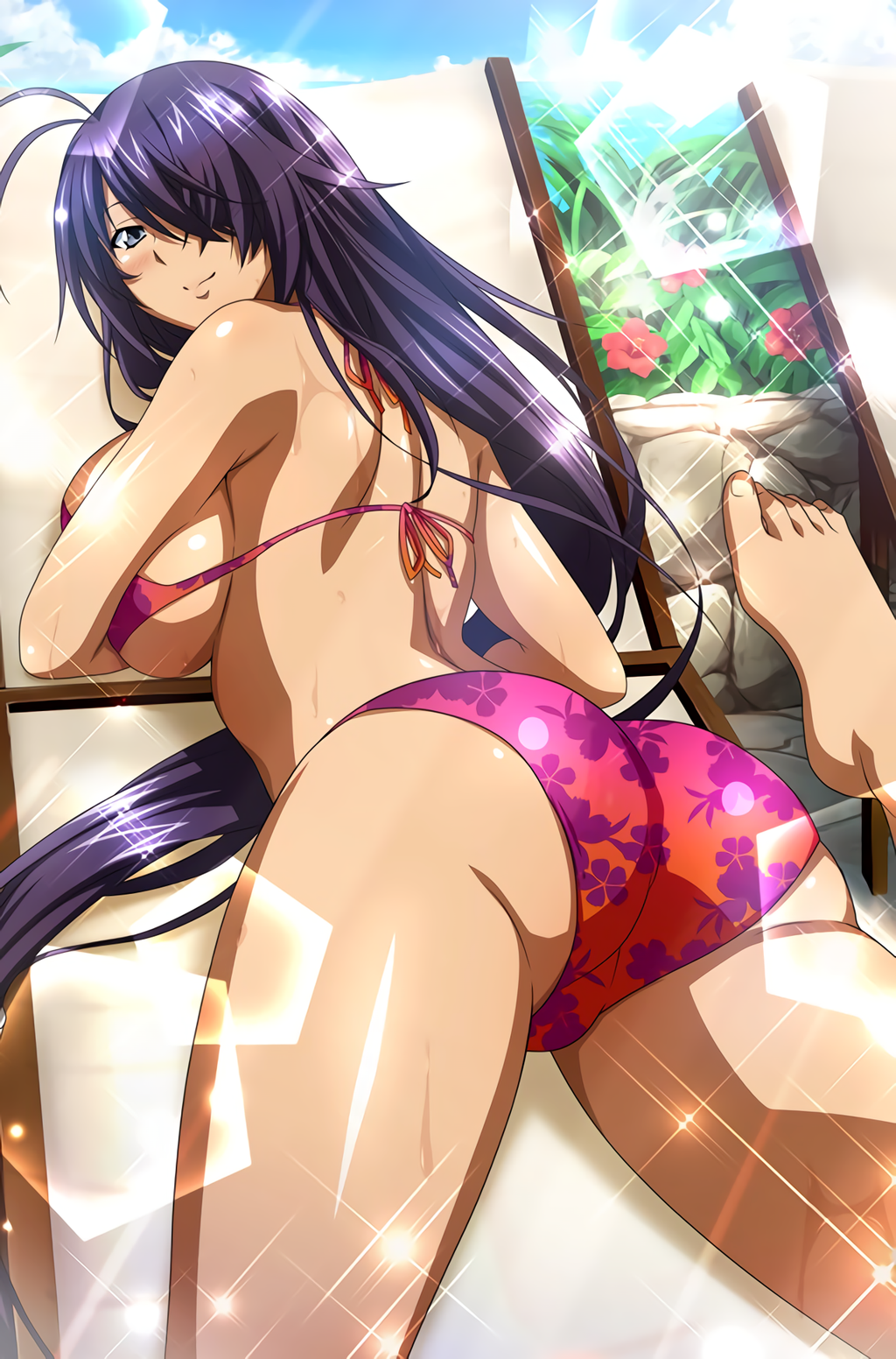 1girl, antenna_hair, barefoot, bikini, breasts, day, floral_print, flower