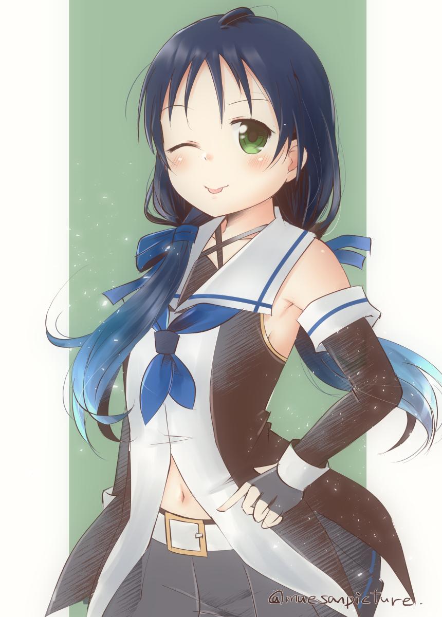 alternate_costume, artist_name, bare_shoulders, belt, black_serafuku, blue_hair, blue_ribbon, blush