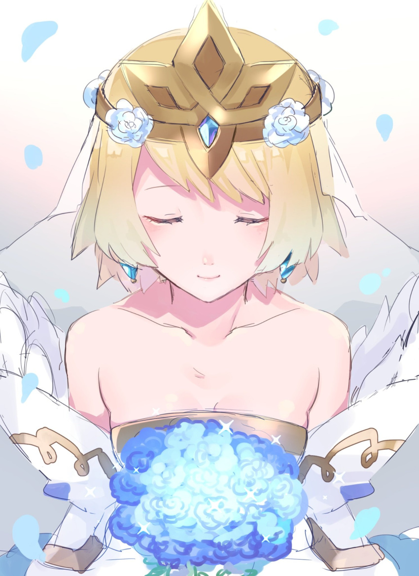 1girl, bare_shoulders, blonde_hair, blue_flower, blue_hair, bouquet, bridal_veil, bride