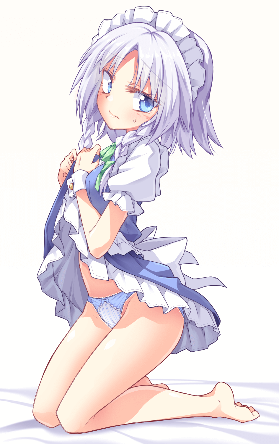 1girl, apron, bangs, bare_legs, barefoot, bed_sheet, blue_eyes, blue_panties