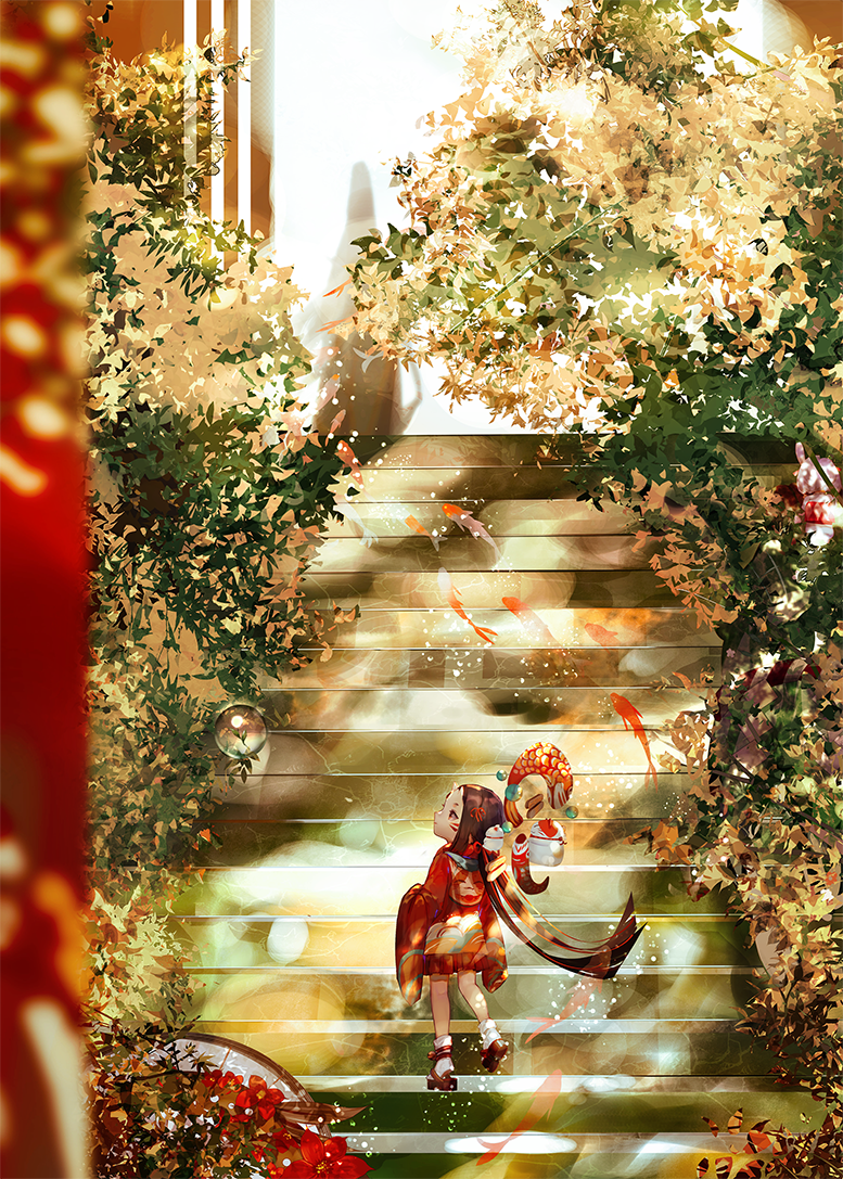 1girl, child, commentary_request, facepaint, fantasy, fish, goldfish, japanese_clothes