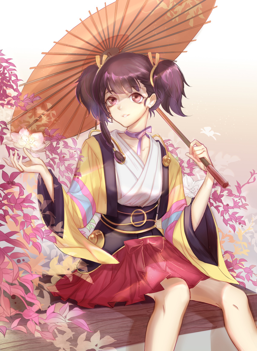 1girl, absurdres, brown_eyes, brown_hair, commentary_request, flower, highres, holding