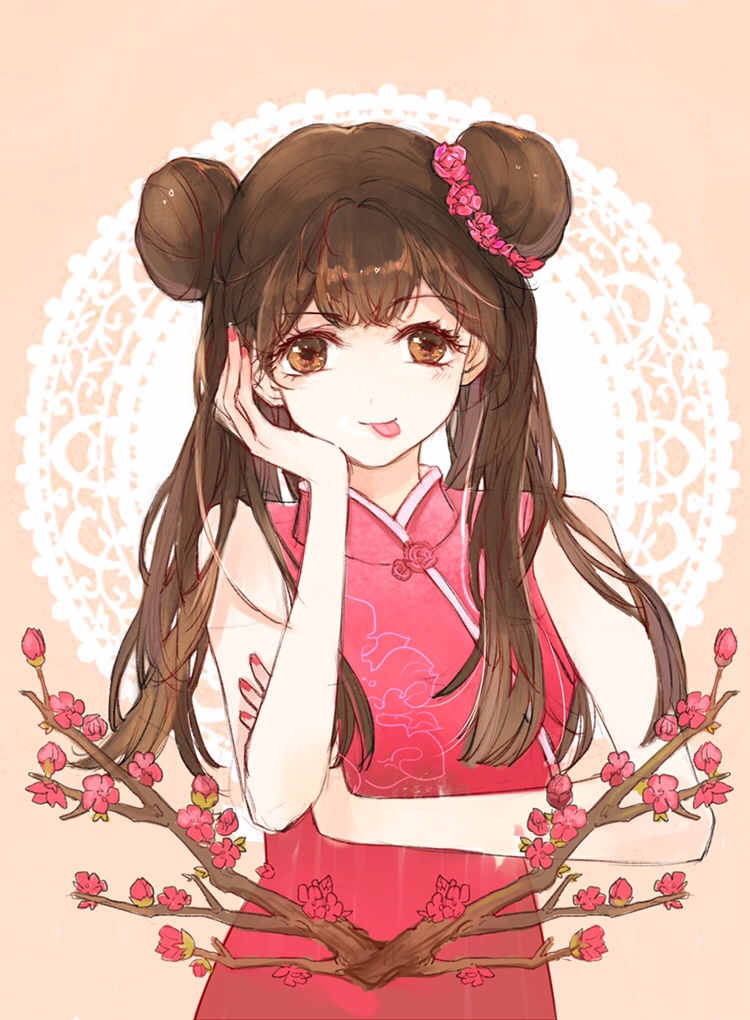 1girl, branch, brown_eyes, brown_hair, cardcaptor_sakura, cherry_blossoms, china_dress, chinese_clothes