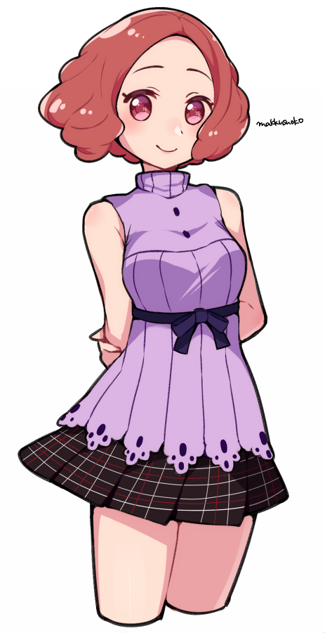 1girl, arms_behind_back, artist_name, blouse, blush, brown_eyes, brown_hair, commentary_request, do_m_kaeru, okumura_haru, persona, persona_5, plaid, plaid_skirt, purple_blouse, short_hair, shuujin_academy_uniform, skirt, smile, solo, turtleneck