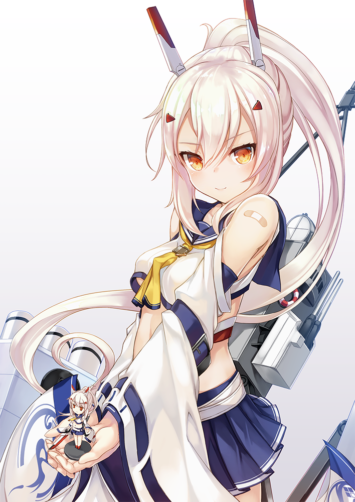1girl, ascot, ayanami_(azur_lane), azur_lane, bandaid_on_arm, blue_skirt, breasts, character_doll