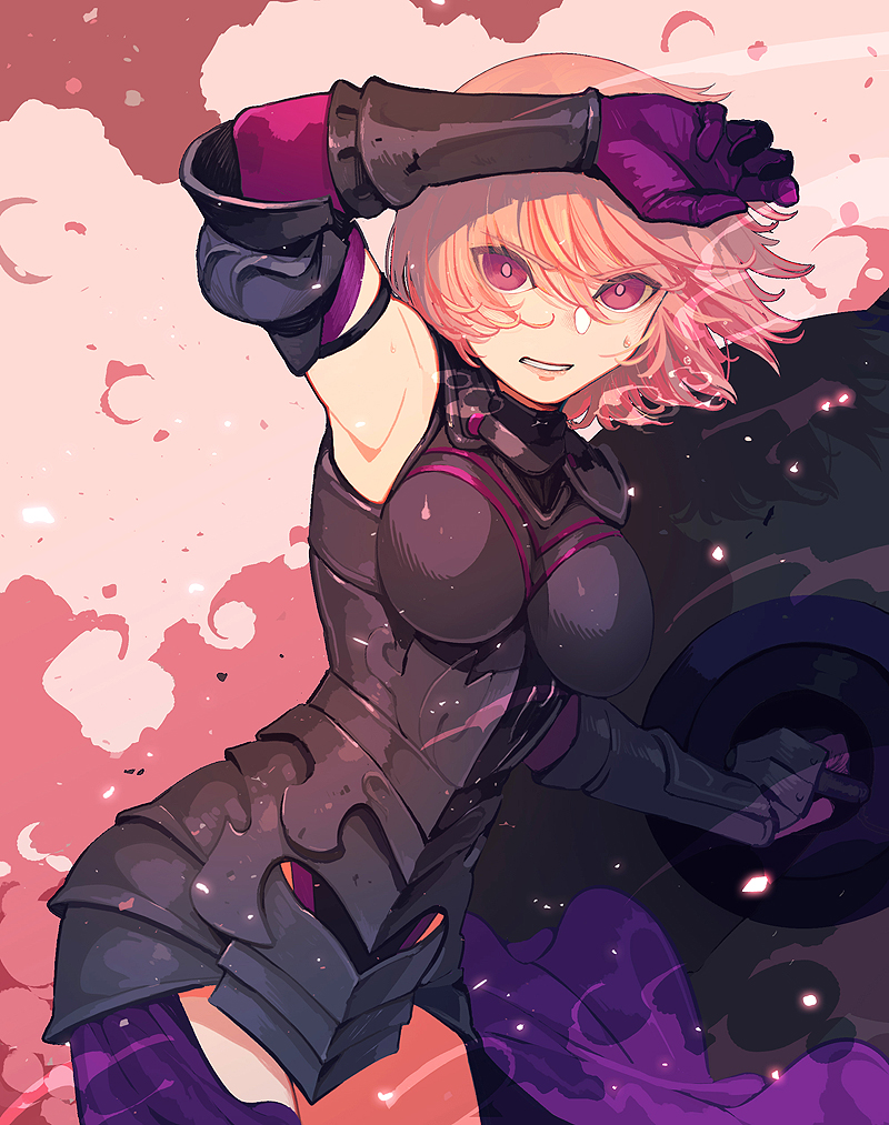 1girl, arm_up, armor, armored_leotard, armpits, bangs, bare_shoulders, black_armor