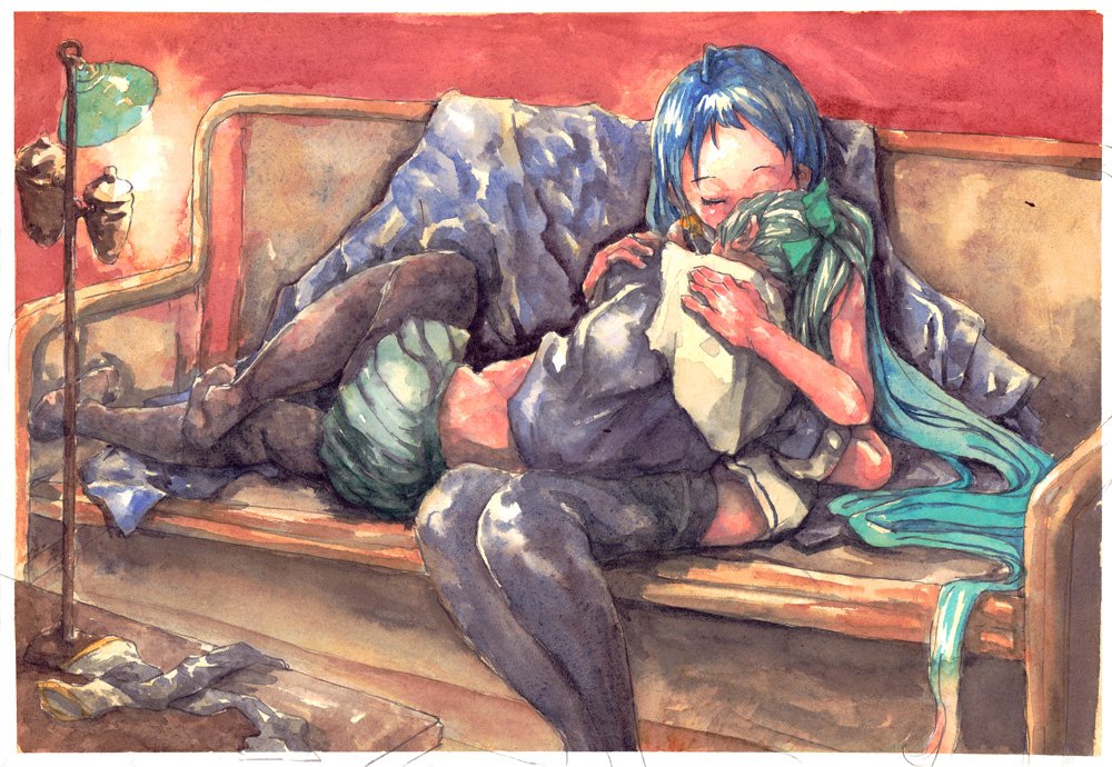 2girls, bow, chair, commentary_request, couch, cuddling, hair_bow, kantai_collection