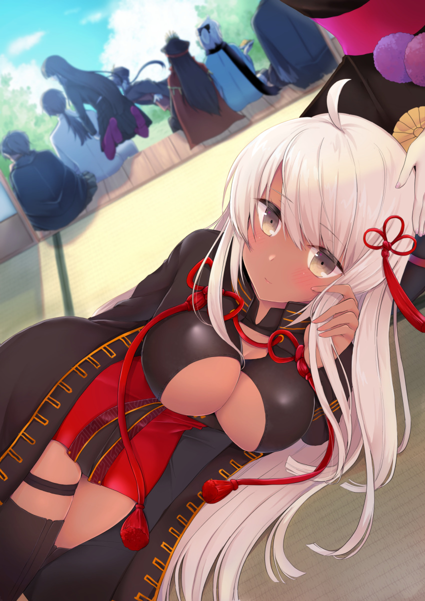 blush, breasts, bunsai, cleavage_cutout, commentary_request, dark_skin, detached_sleeves, fate/grand_order