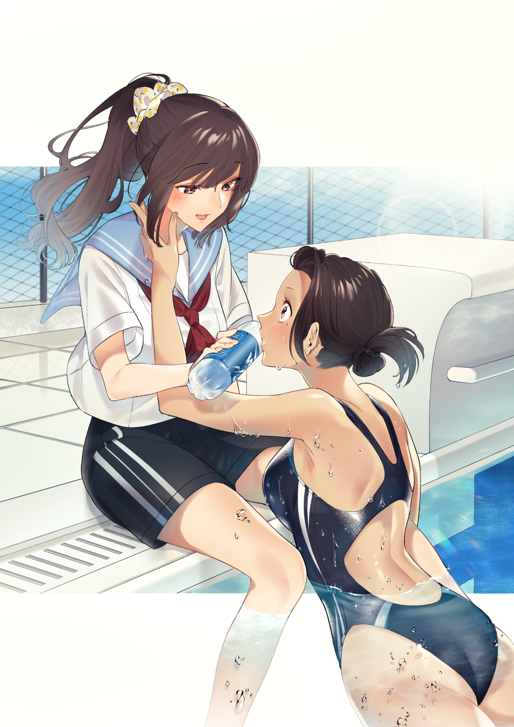 2girls, arm_up, ass, back, back_cutout, bangs, between_legs, blush