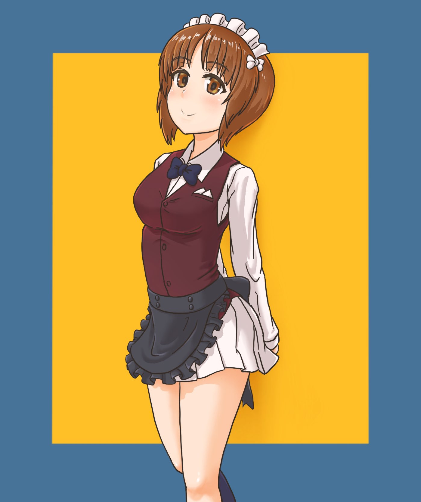 1girl, apron, ark-art, arms_behind_back, bangs, bartender, black_apron, black_neckwear