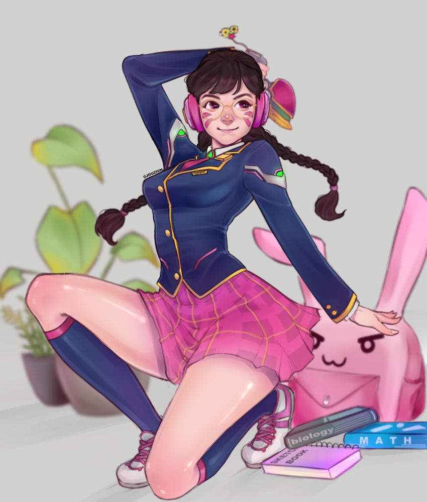 1girl, absurdres, academy_d.va, alternate_costume, alternate_hair_color, alternate_hairstyle, artist_name, backpack