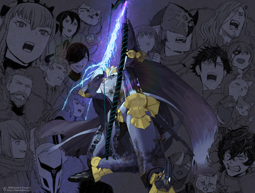 6+boys, 6+girls, aiden_the_holy_sword, animal_ears, arrow, artist_name, beard, berg_(pixiv_fantasia_last_saga)