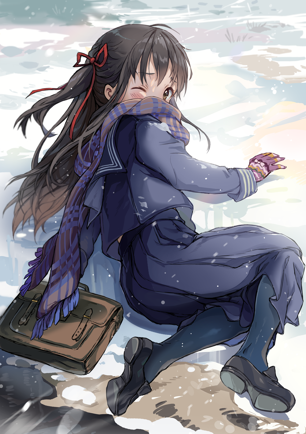 1girl, bag, bangs, black_eyes, black_footwear, black_hair, blue_scarf, blush