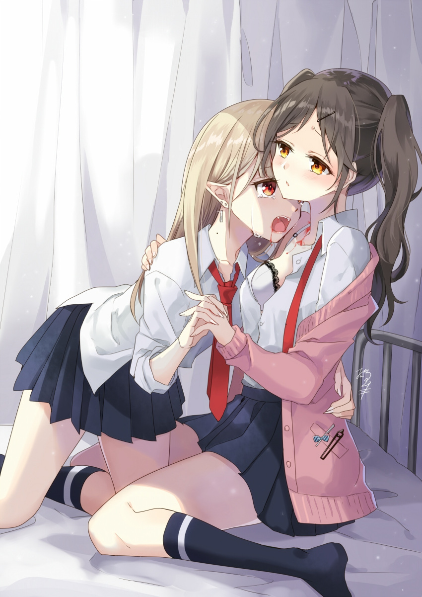 2girls, blonde_hair, blood, bra, brown_hair, collared_shirt, commentary_request, crying