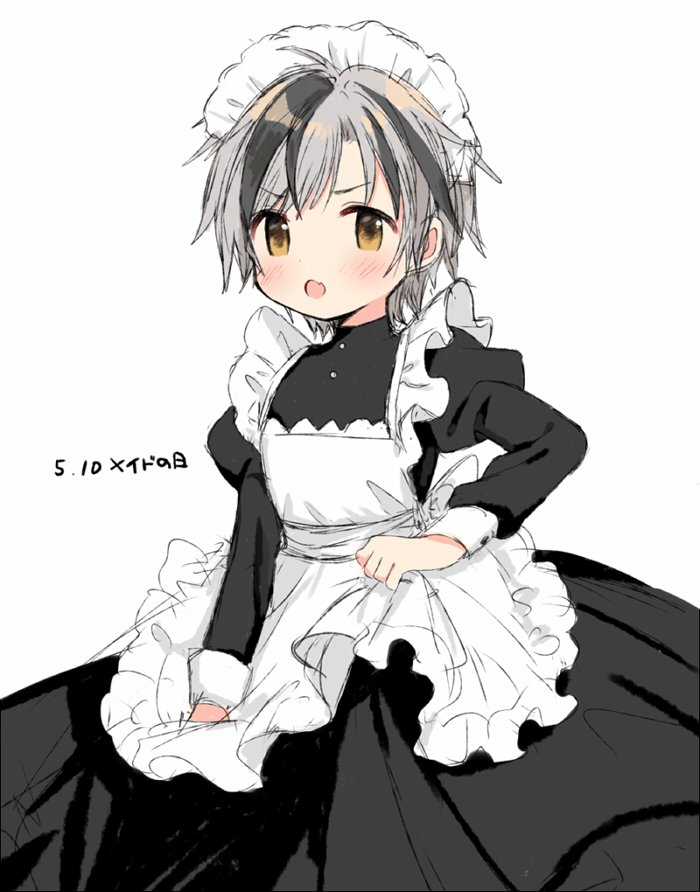 1boy, alternate_costume, apron, black_dress, black_hair, blush, commentary_request, crossdressinging