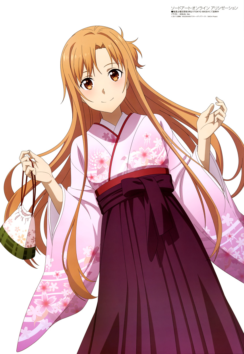 1girl, absurdres, aqua_inc., artist_name, asuna_(sao), brown_eyes, brown_hair, cherry_blossom_print
