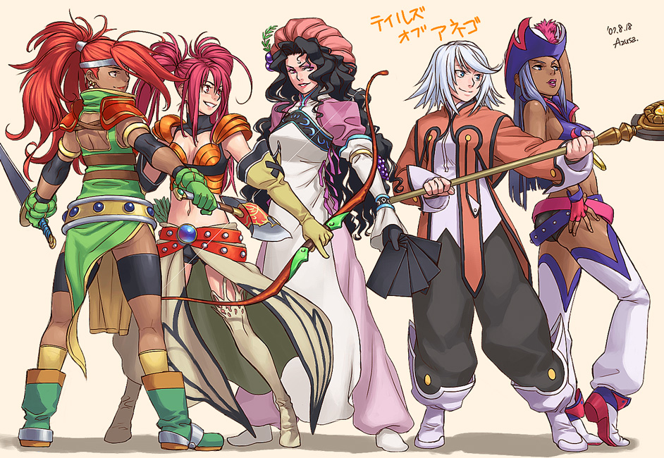 axe, azusa, belt, black_hair, bow_(weapon), elbow_gloves, fingerless_gloves, gloves, hat, hilda_rhambling, isabella_(tales), long_hair, mary_argent, multiple_girls, nanaly_fletch, raine_sage, red_hair, redhead, silver_hair, staff, sword, tales_of_(series), tales_of_destiny, tales_of_destiny_2, tales_of_legendia, tales_of_rebirth, tales_of_symphonia, weapon, white_background