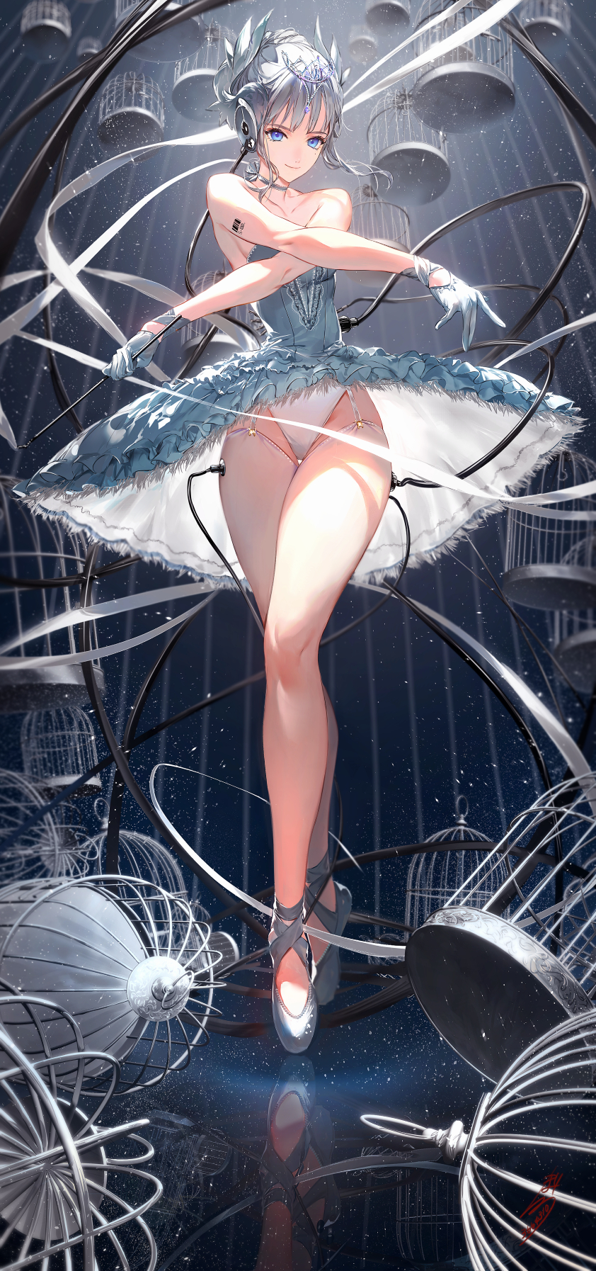 1girl, ballerina, ballet, ballet_leotard, ballet_slippers, bare_shoulders, blue_eyes, cage