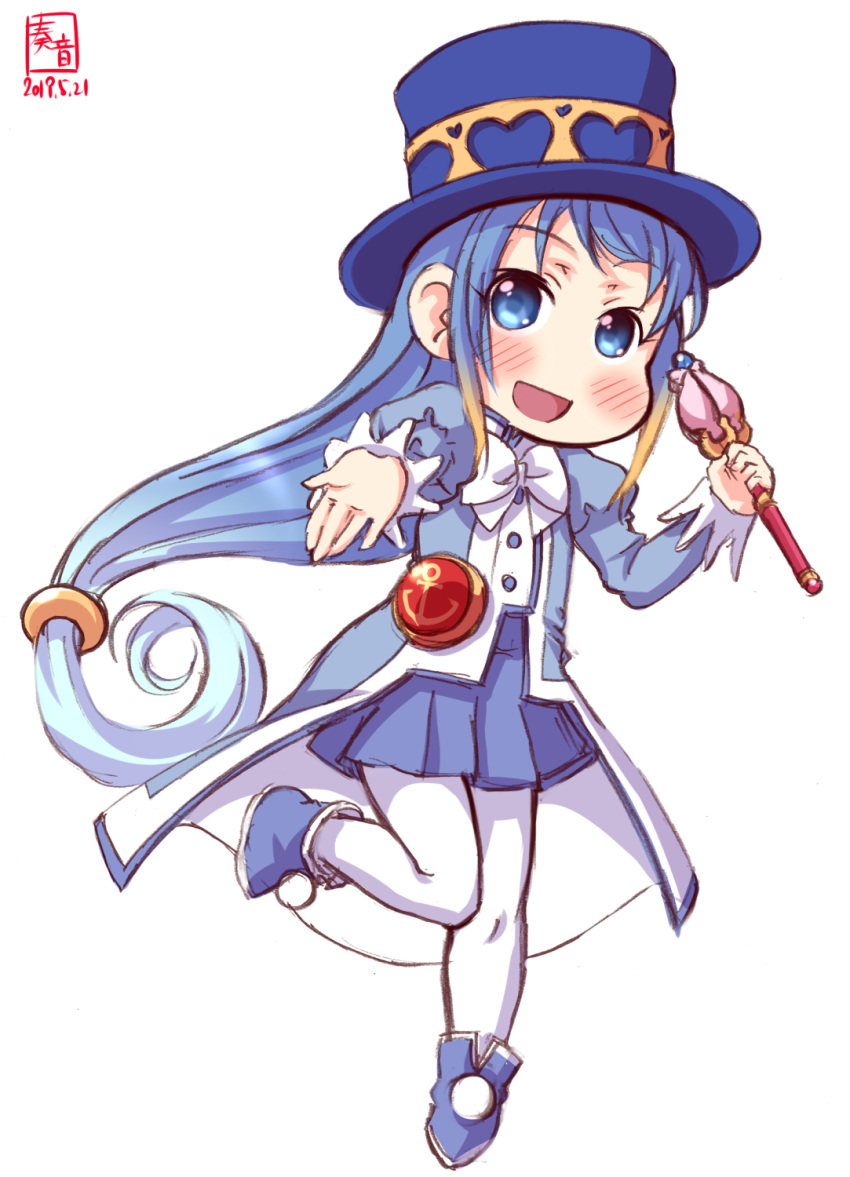 1girl, alternate_costume, artist_logo, blue_coat, blue_eyes, blue_hair, blue_skirt, blush