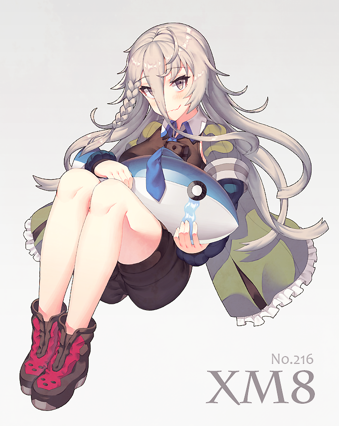1girl, bangs, black_shirt, blue_neckwear, blush, braid, breasts, character_name