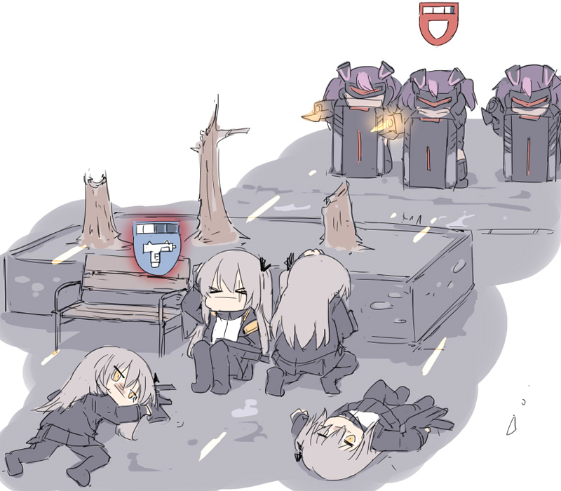 >_<, 6+girls, bare_tree, bench, black_legwear, company_of_heroes, girls_frontline, grey_hair