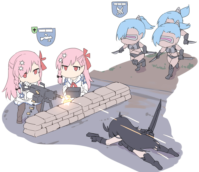 6+girls, android, black_hair, black_legwear, blue_hair, brute_(girls_frontline), company_of_heroes, executioner_(girls_frontline), girls_frontline, gun, hair_ornament, handgun, holding, holding_gun, holding_sword, holding_weapon, long_hair, lying, machine_gun, multiple_girls, negev_(girls_frontline), on_stomach, panties, ponytail, red_eyes, sangvis_ferri, silver_bell, sword, underwear, weapon