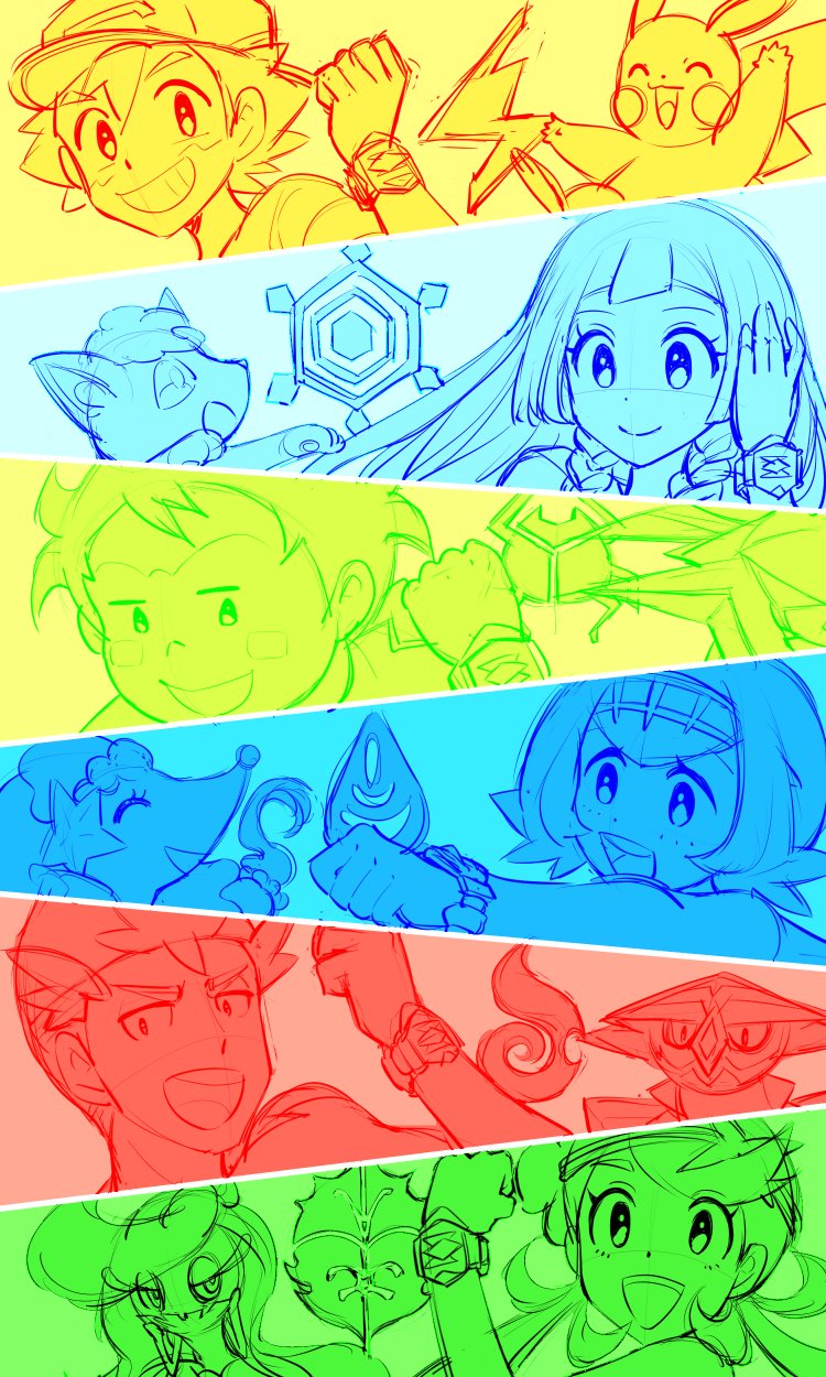 3boys, 3girls, alolan_vulpix, commentary, djmn_c, highres, kaki_(pokemon), lillie_(pokemon)