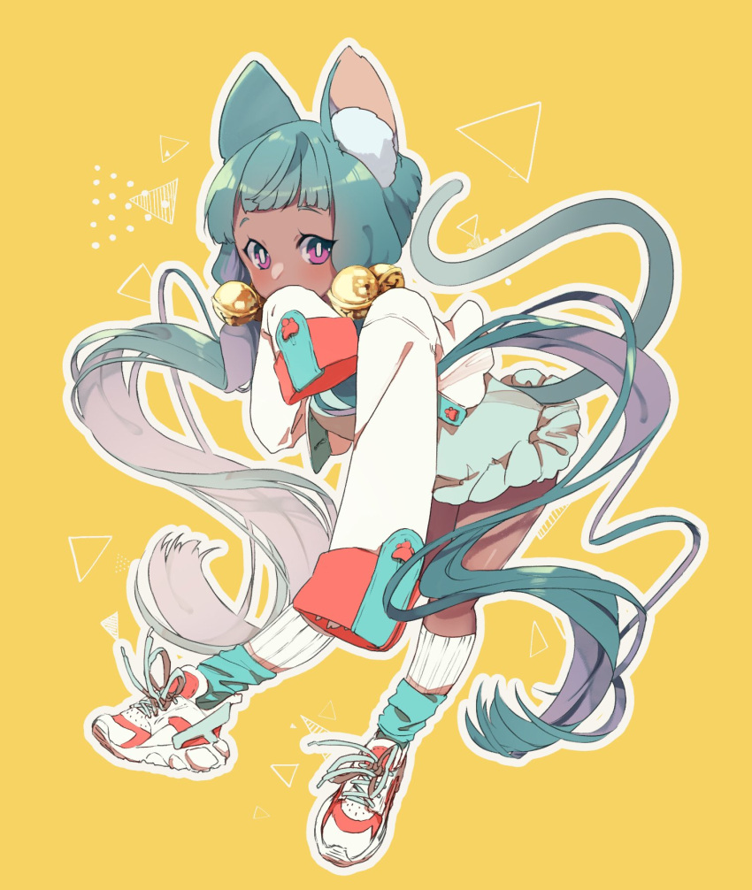 1girl, animal_ear_fluff, animal_ears, bangs, bell, blue_legwear, blush, cat_ears