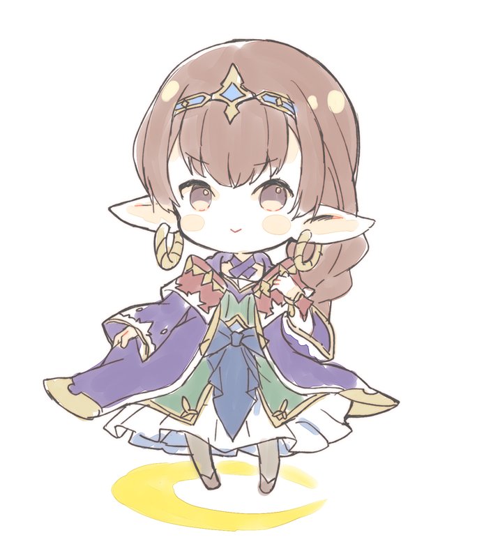 1girl, :>, bangs, blush_stickers, braid, brown_footwear, brown_hair, chibi