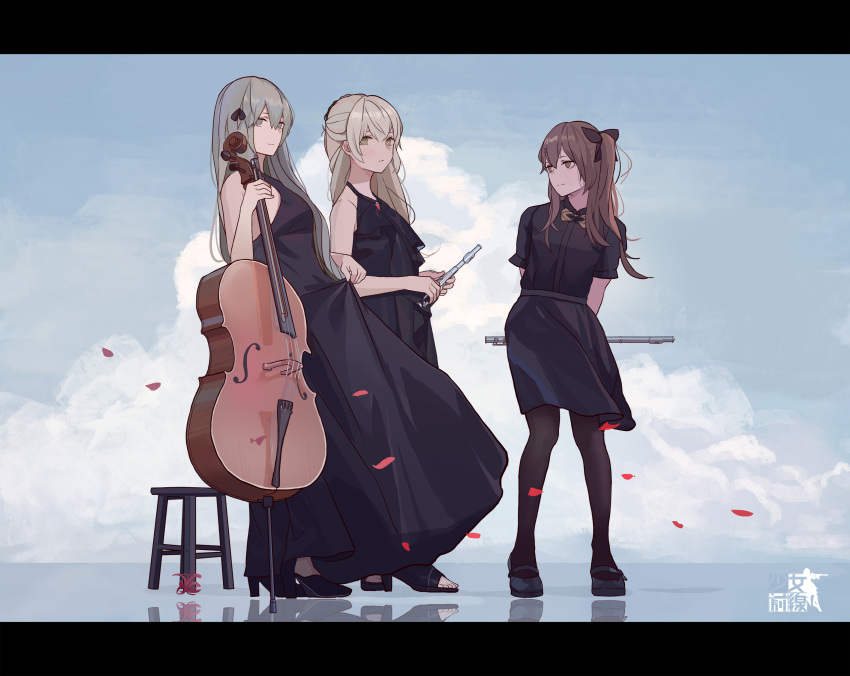 3girls, alternate_costume, alternate_hairstyle, bangs, bare_shoulders, black_bow, black_dress, black_footwear