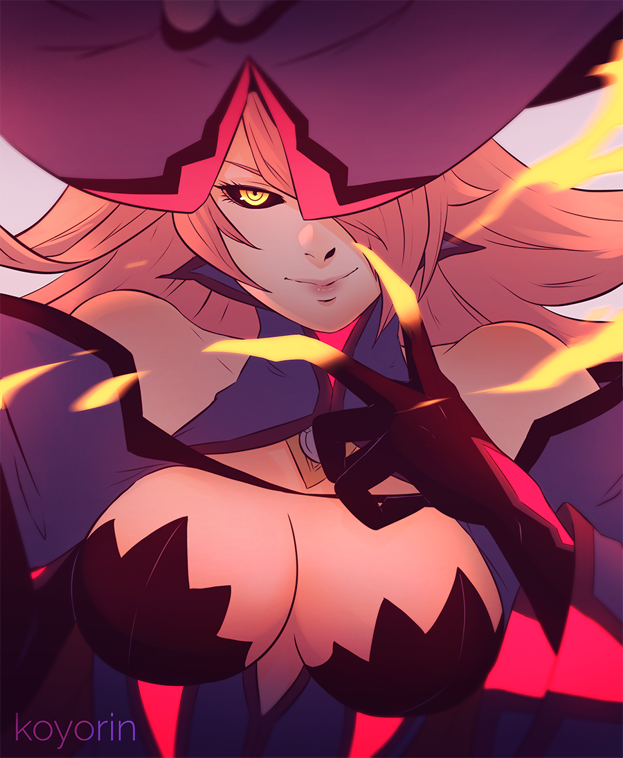 1girl, bare_shoulders, black_gloves, black_sclera, blazblue, blazblue:_central_fiction, breasts, evil_smile